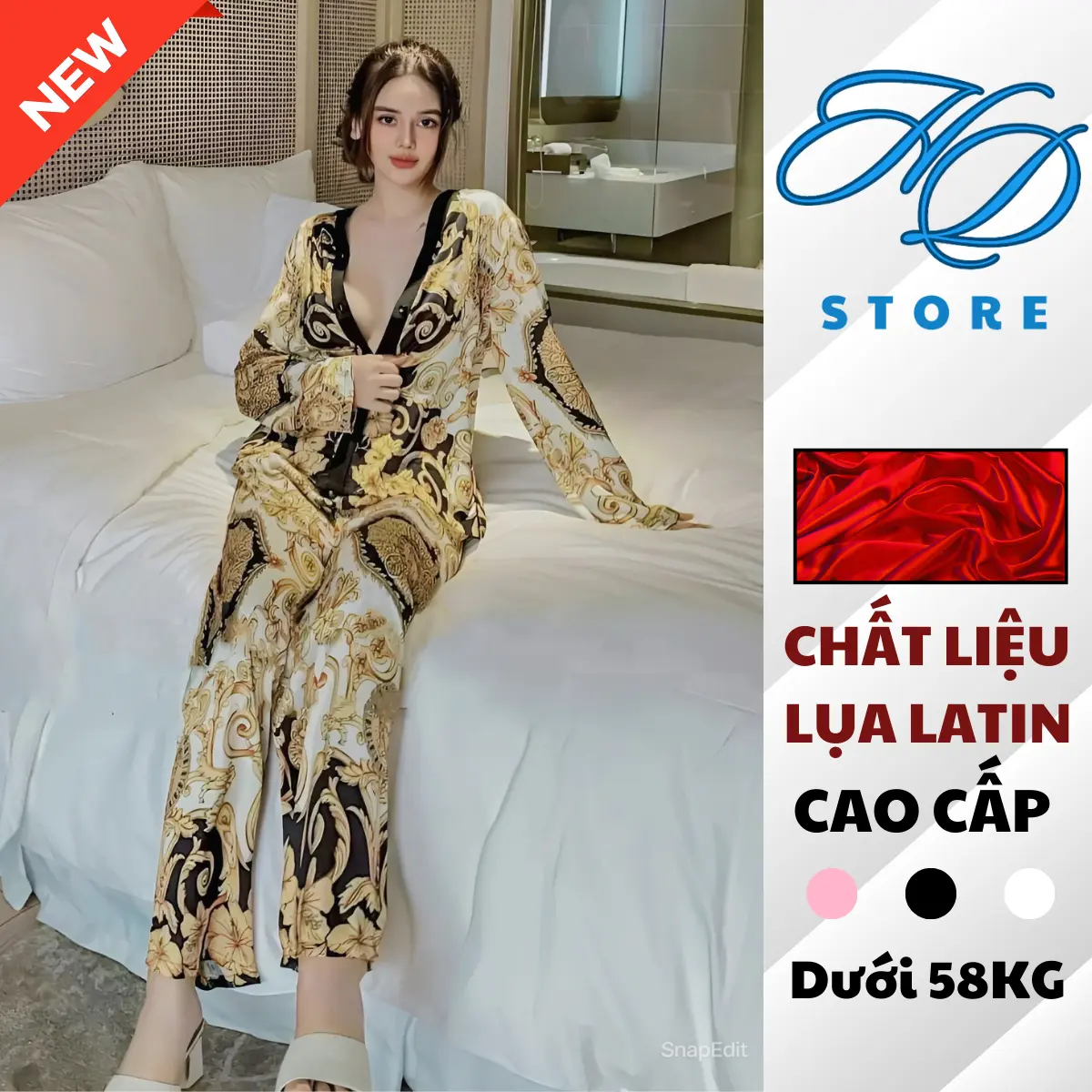 Đồ Bộ Nữ Mặc Nhà Thiết Kế Hoa Văn Sang Trọng Xinh Xắn Cổ V, Chất Liệu Lụa Latin Mặc Mát Thoải Mái  Kem Women Quần Ngủ - HD STORE