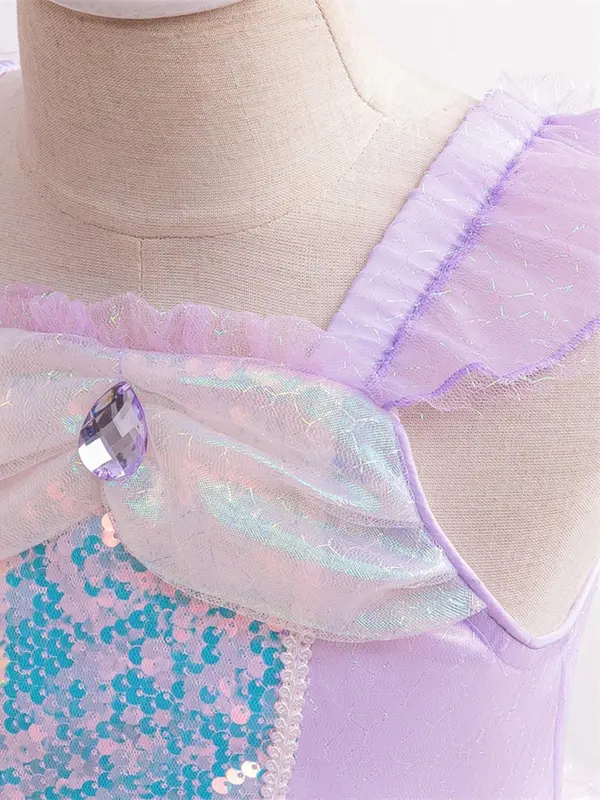 Christmas Gift Mermaid Costume for Girls, Contrast Sequin Zipper Back Butterfly Sleeve Tulle Dress, Girls Partywear for Birthday Party 7