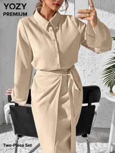 YOZY Women's Solid Button Front Shirt & Knot Front Wrap Skirt Two-piece Set, Casual Long Sleeve Collared Top & Skirt for Spring & Fall, Women's Clothes for Daily Wear