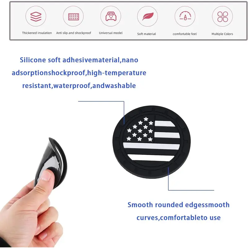 4 PCS Car Cup Holder Coasters, American Flag Anti-Slip Shock-Proof Pad, 2.75In Waterproof Creative Embedded Drink Mat, Universal for Most Cars (Black) 2