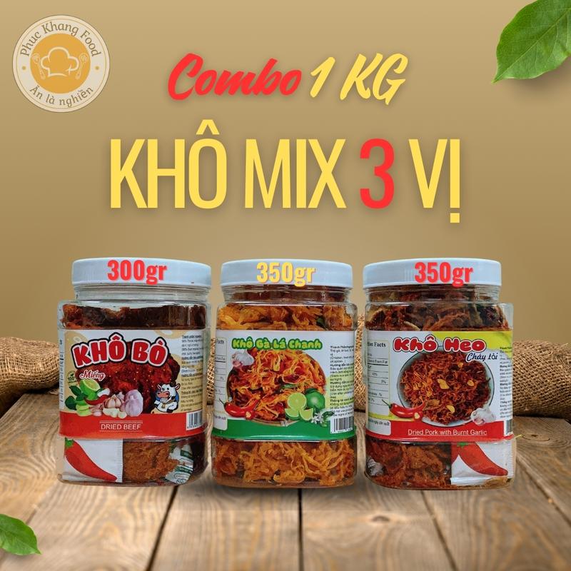 Combo 3 loại khô [300gr Khô bò miếng + 300gr Khô gà lá chanh ( gà bơ tỏi ) + 300gr Khô heo cháy tỏi ] - Snack ăn vặt khô  galachanh Food