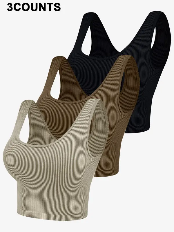 Women's Solid Scoop Neck Ribbed Sports Vest, Casual Comfy Breathable Quick Drying Sleeveless Crop Top for Yoga Gym Workout Running, Activewear, Ladies Sportswear Clothing for All Seasons Indoor Outdoor Wear 8