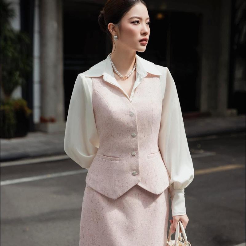 (Xả kho ) Sét Thiết Kế Hà Anh áo gile dài tay công sở phối chân váy H26 - Bộ đồ Nữ - Women