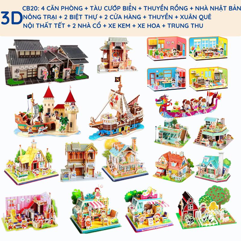Combo 20: 4 Căn Phòng + 2 Biệt Thự + 2 Cửa Hàng + Xuân Quê + Trung Thu + Nội Thất Tết + Nhà Nhật + 2 Nhà Cổ + Thuyền Rồng + Tàu Hải Tặc + Đảo Hải Tặc + Nông Trại + Xe Kem + Xe Hoa - Đồ chơi lắp ráp mô hình 3D Bộ Lắp Ráp Tháo Lắp