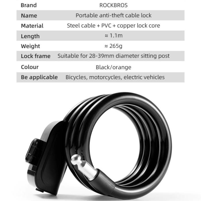 ROCKBROS RKS515 Kunci Gembok Sepeda Helm Motor Bike Bicycle Lock Ring 110CM Portable Cable Lock Outdoor
