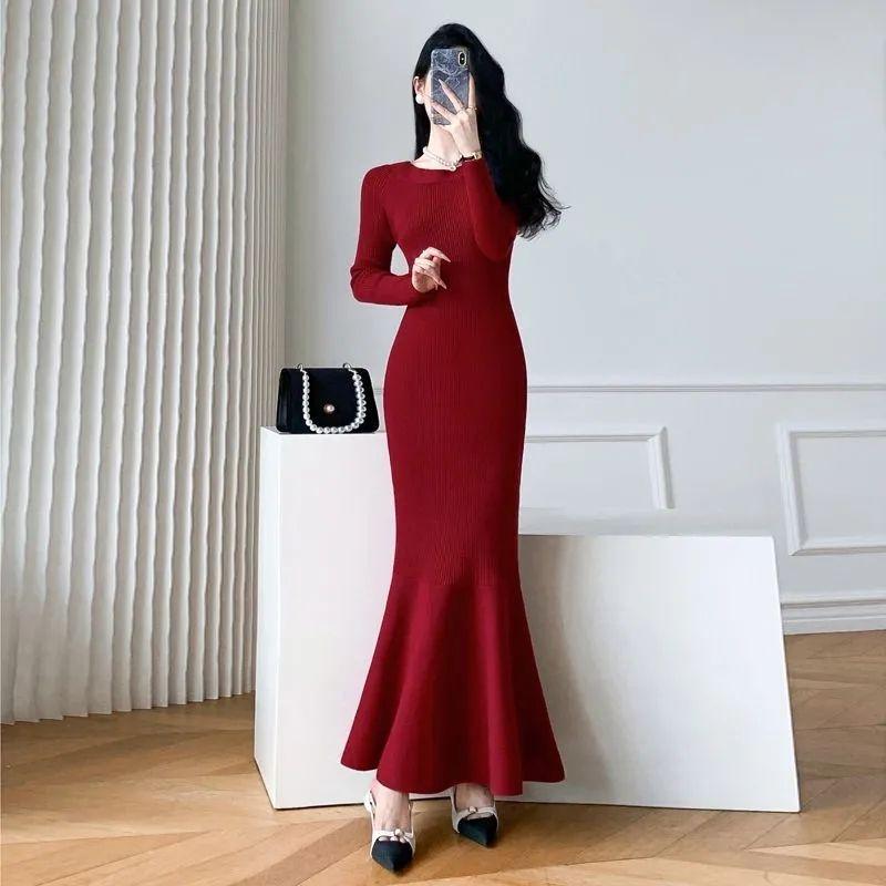 Váy Dệt Kim, Phong Cách Pháp, Cao Cấp, Thanh Lịch Và Duyên Dáng, Hepburn Màu Đỏ, Dành Cho Nữ, Mùa Thu Và Mùa Đông, Hàng Mới Về, Đồ Lót Cổ Điển Váy Len