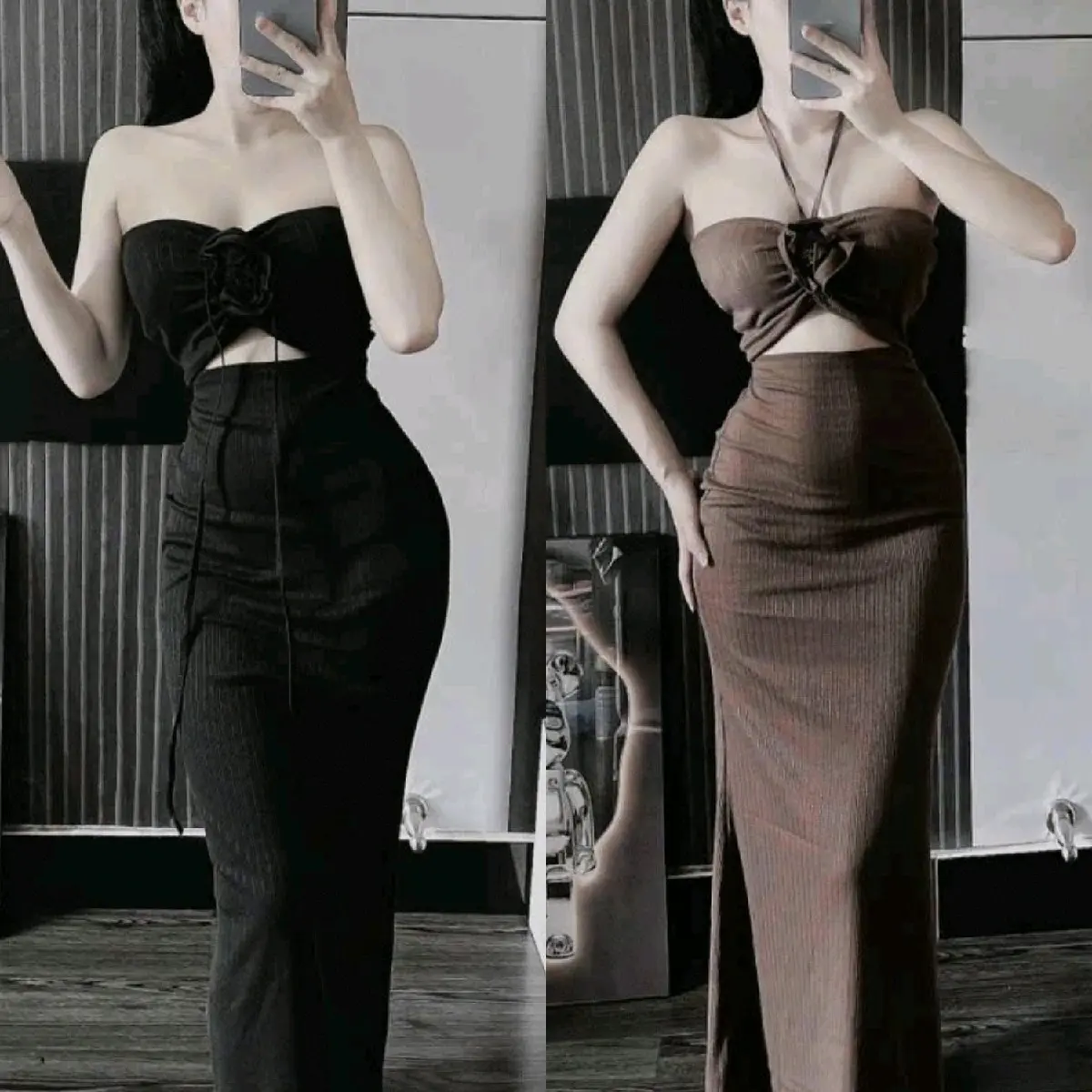 Đầm Thun Ống Cột Dây Cổ Yếm Đính Hoa Khoét Hở Bụng - Dài Maxi Xòe Ôm Body đầm  ống  Nữ Women Dress - đầm ôm body váy dự tiệc váy xinh đầm nữ vaytet đầm  body