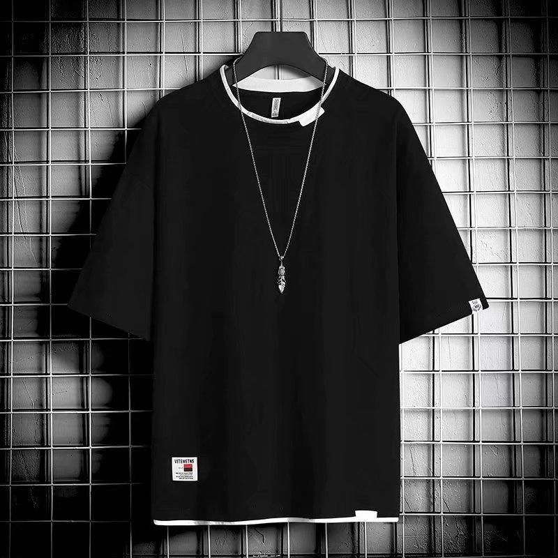 Product Introduction of Short-Sleeved T-shirt Men's Loose Fashion Brand Fake Two Pieces Half-Length Sleeve Underwear Blouse Korean Style Handsome Summer Clothes 7