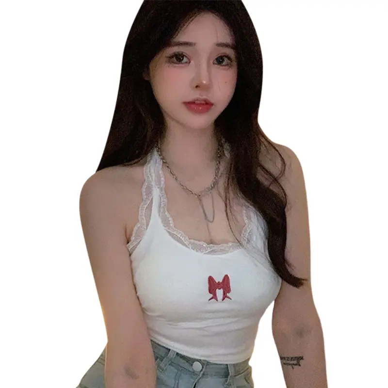 Áo Ba Lỗ Thời Trang Nữ, Cổ Yếm Cổ, Vải Ren Trang Trí Nơ, Áo Vest, Không Tay, Hở Lưng, Cropped Xén, Phong Cách Mùa Hè, Thời Trang Đường Phố, Áo Vest