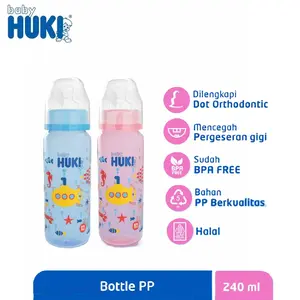 Baby Huki Ortodontic Nipple Round PP Bottle 240 ml -Motif Kapal - Warna [Biru/Pink]  Bahan Polypropylne (PP) / BPA Free 240 ml Berbentuk Bulat dan Menggunakan Dot Orthodontic (Gepeng)  Blue Botol