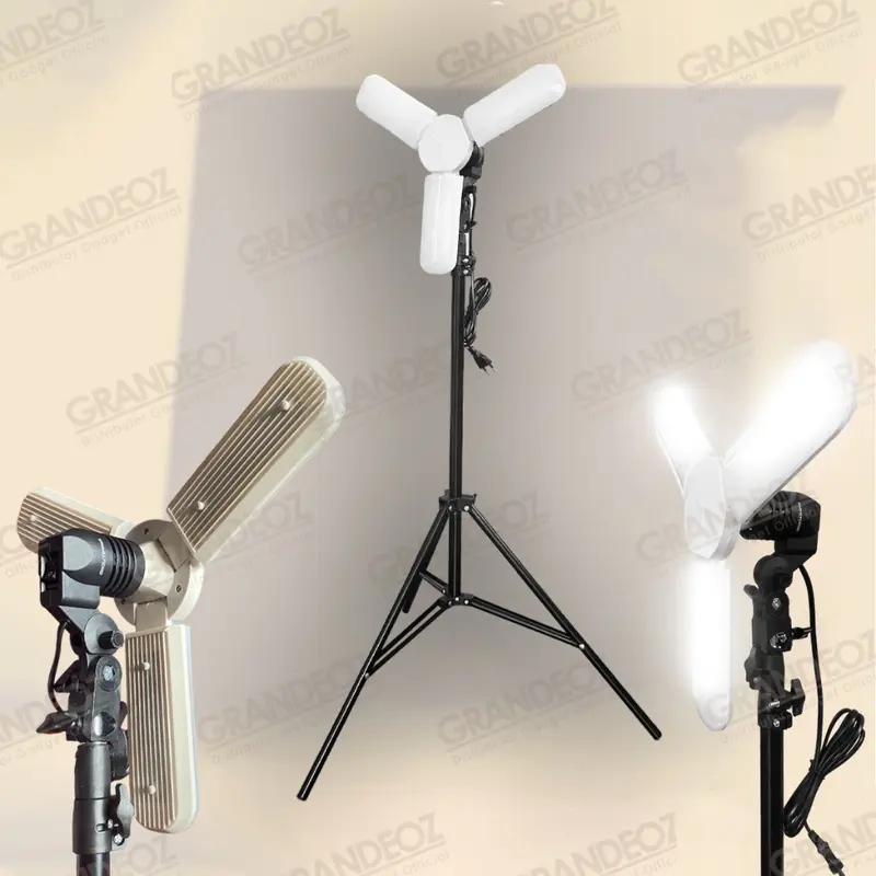 Lampu Fan Blade 3 + Light Stand 2M Fitting Bohlam Lighting Holder Ring Single Makeup Rias Socket E27 Dudukan Kipas YAM Payung Softbox Soft Box foureyes deformable Plastik Lamp 3