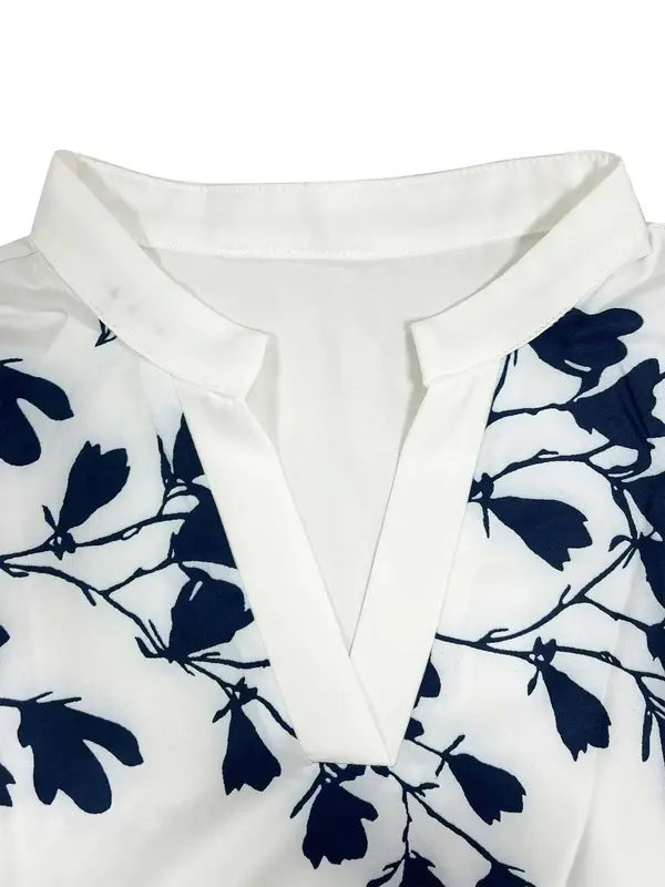 【Plus Size】 All Over Floral Print Curved Hem Blouse, Casual Short Sleeve V Neck Top for Summer, Women's Clothing for Daily Wear 6