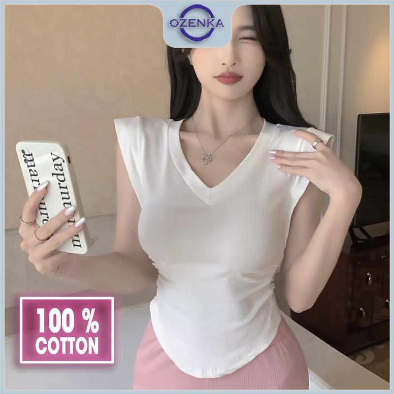 Áo baby tee croptop tay hến cổ v vạt bầu Ozenka , áo crt thun cotton ôm body nhún eo gợi cảm tôn dáng màu trơn đen trắng Áo Thun Nữ Cổ Tròn Denim Women