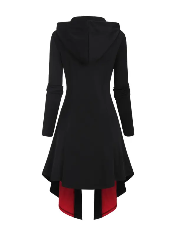 Women's Colorblock Lace Up Grommet Eyelet Zipper Hooded Dress, Punk Fashion Long Sleeve A Line Dress for Daily Outdoor Wear, Ladies Clothes for Spring & Fall 1