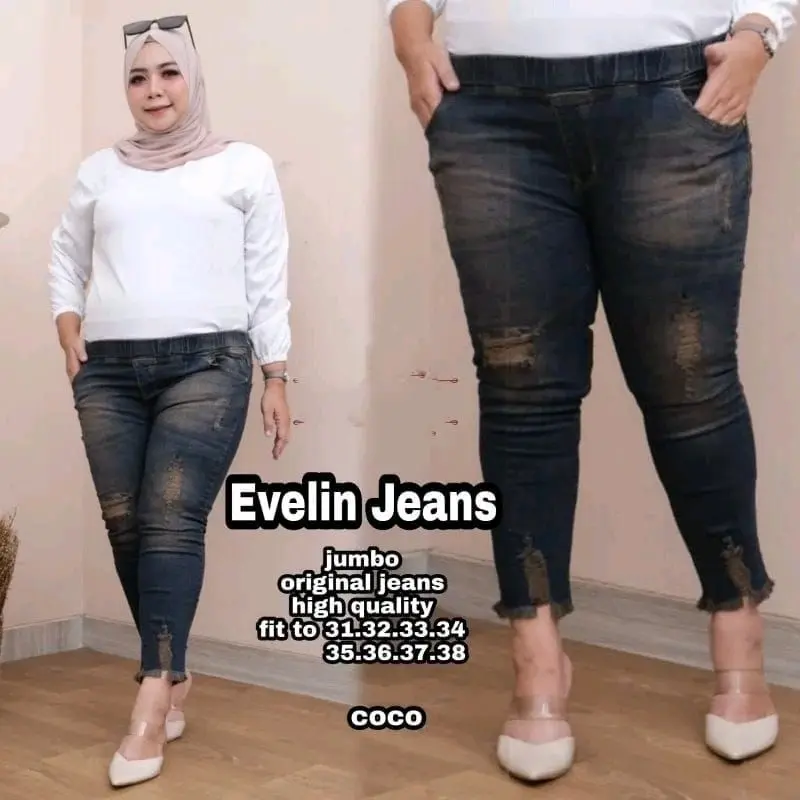 Eveline Jeans Jumbo Wanita / Celana Jeans Wanita Kekinian Muat BB 100kg Karet Legging Stretch Ripped Denim Cewek Brown jeans premium 1