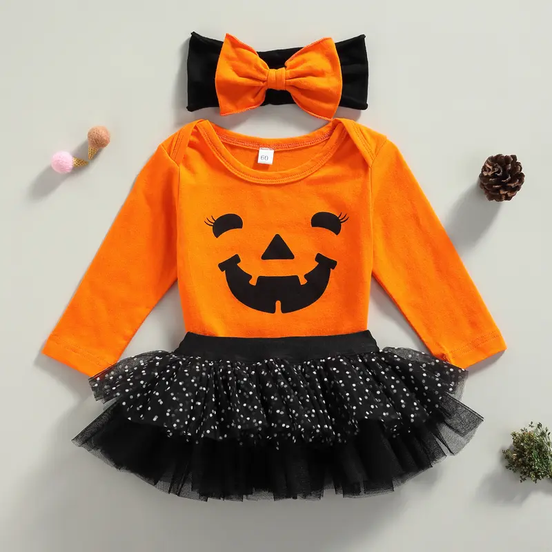 Trang Phục Halloween Cho Em Bé Bộ 3 Món, Áo Liền Quần Bí Ngô, Váy Tutu, Băng Đô 6