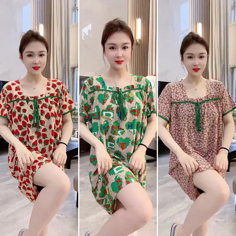 Piyama, Stok Sedia, Jualan Panas, Popular, Boleh Dipakai Di Luar, Pakaian Musim Panas, Baju Tidur Lengan Separuh Baharu, Untuk Wanita, Diperbuat daripada Sutera Ais, Cepat Kering, Sesuai untuk Pakaian Rumah, Longgar, Gaun Bersaiz Besar Viscose Dusty Pink