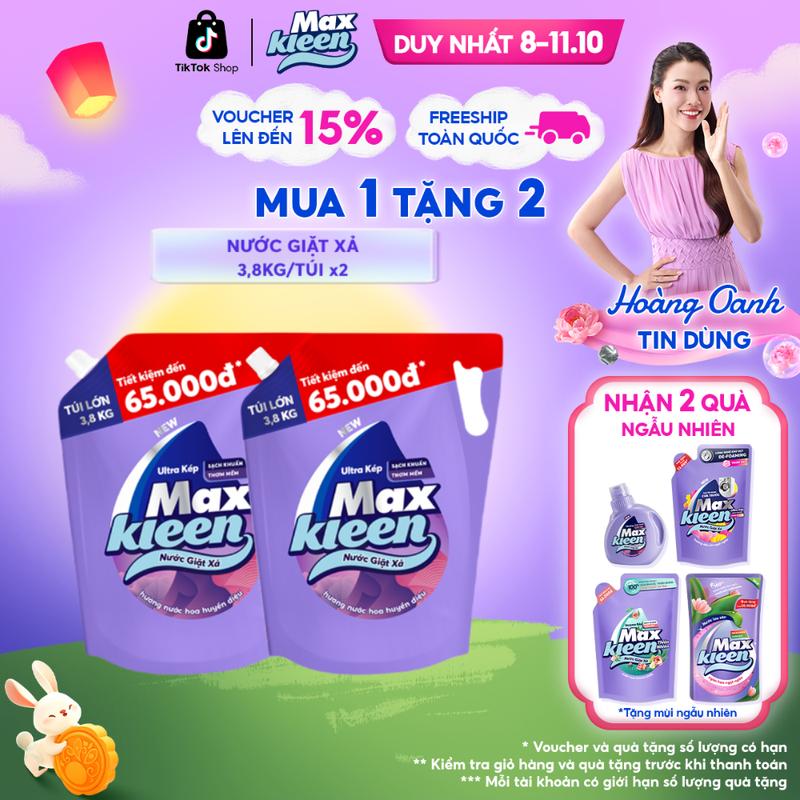 Combo 2 Túi Nước Giặt Xả Làm Sạch MaxKleen Hương Nước Hoa Huyền Diệu (3.8kg/túi)