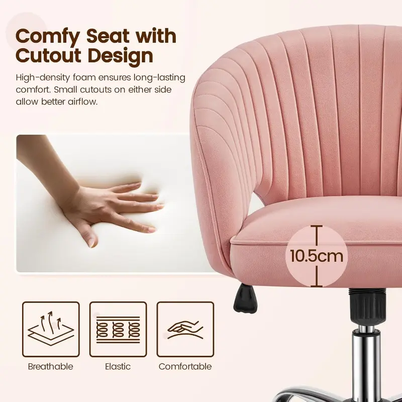 Deluxe Velvet Desk Chair, Makeup Vanity Chair with Tufted Barrel Back Adjustable Velvet Accent Armchair Swivel Office Chair for Home Office Pink 6
