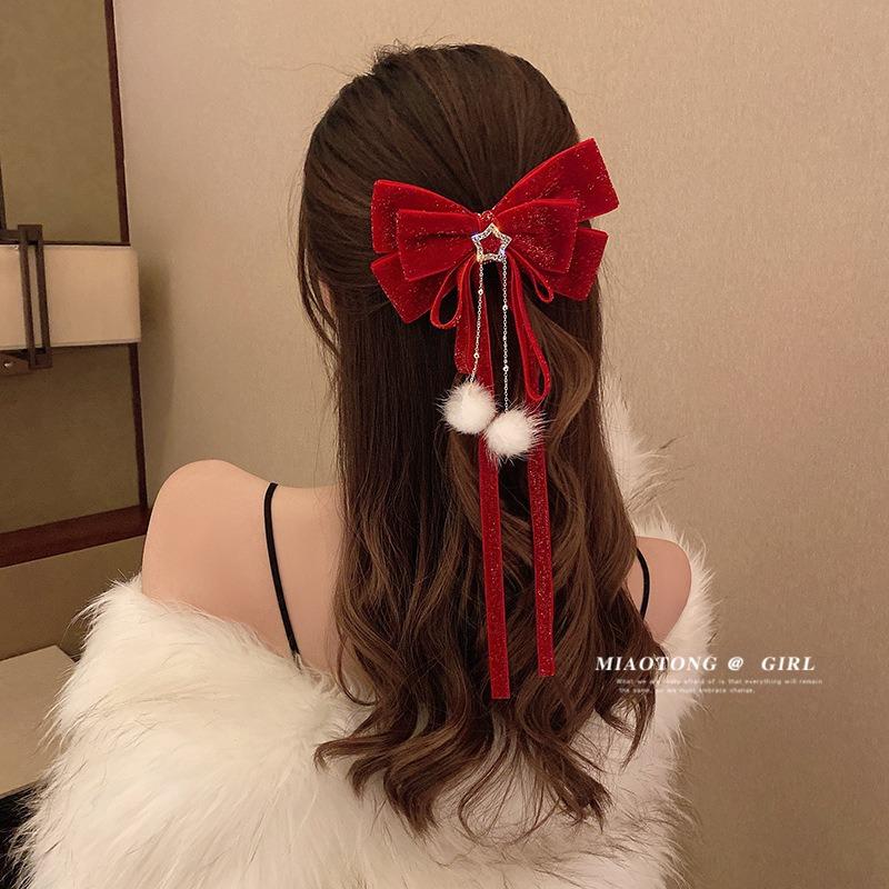 Product Introduction of Baby Costume Jewelry New Year's celebration red big bow gold velvet star hair clip hair accessory hair ball tassel headband top clip women autumn and winter 0