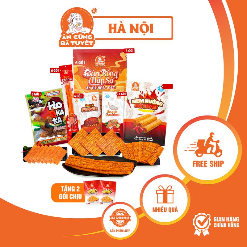 [ Tặng 1 gói snack chịu ] Combo CHIẾN BINH TẬN THẾ gồm: 6 gói Snack Nem Nướng+6 Gói Snack SASHIMI+ 6 Gói Snack BÒ KOBE +6 gói snack ho kaka +6 gói cột điện +3 gói snack gân rồng - Đồ Ăn Vặt Snack Ăn Cùng Bà Tuyết