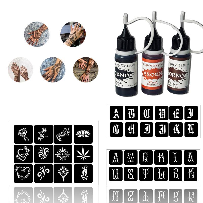 Temporary Tattoo lnk & Stencil Kit,3Bottles Ink & 3Sheets Stencils ...