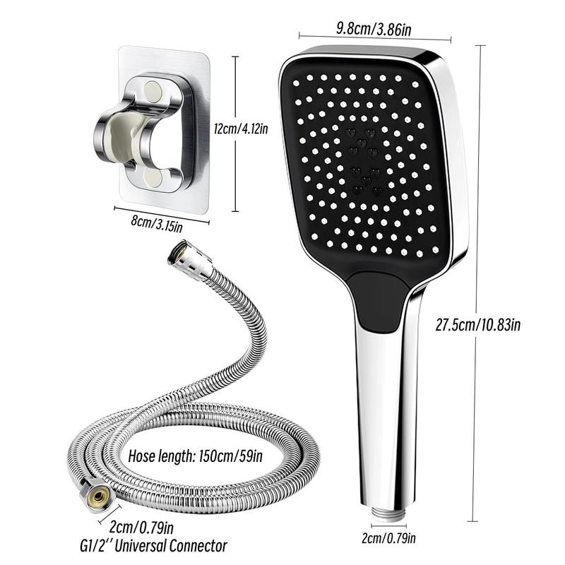 High Pressure Handheld Shower Head, 3pcs/set Including 1.5m Shower Hose & Adhesive Bracket, Large Water Outlet Shower Head with 3 Bathing Modes, Shower Head Set for Bathroom Hotel Salon 1