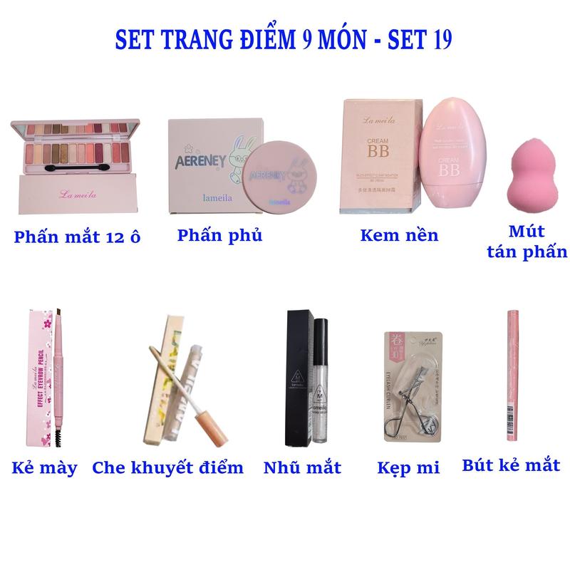 CST1 Set Trang Điểm 9 Món Chuyên Sâu Gồm: Phấn mắt 12 ô, Phấn phủ, Kem nền, Mút tán phấn, Kẻ mày, Che khuyết điểm, Nhũ mắt, Kẹp mi, Bút kẻ mắt Set19
