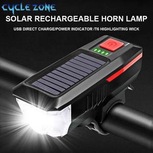 Solar Bicycle Light USB Rechargeable With Power Display Mountain Road Bike Front Light With Horn Flashlight