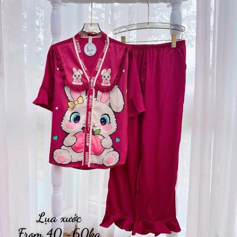 Size 40-60kg - Bộ Lụa Xước Ánh Kim Tay Ngắn Quần Dài Cao Cấp Cổ Tim Viền Bèo In Họa Tiết 5D Queen Mềm Mát Mặc Nhà Cao Cấp TNQD Women Nữ Quần Ngủ Sen Voi Pijama Kem Voan 8