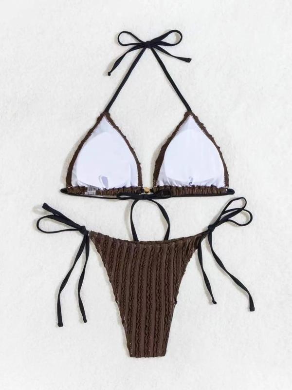 Two-Piece Set Women's Textured Triangle Bra & Knotted Swim Bottom Bikinis Set, Casual Halter Neck Backless Swim Top & Tie Side Swim Bottom Two-piece Swimsuit For Summer, Fashion Women's Swimwear For Beach Holiday Vacation 7