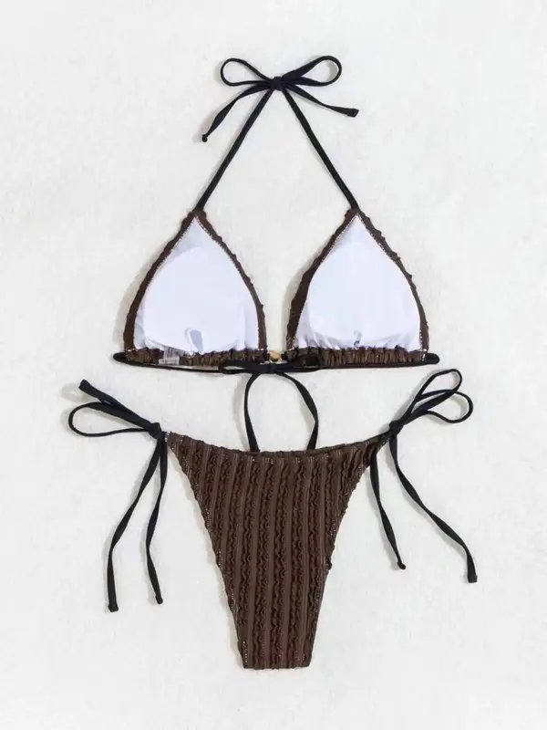 Two-Piece Set Women's Textured Triangle Bra & Knotted Swim Bottom Bikinis Set, Casual Halter Neck Backless Swim Top & Tie Side Swim Bottom Two-piece Swimsuit For Summer, Fashion Women's Swimwear For Beach Holiday Vacation 8