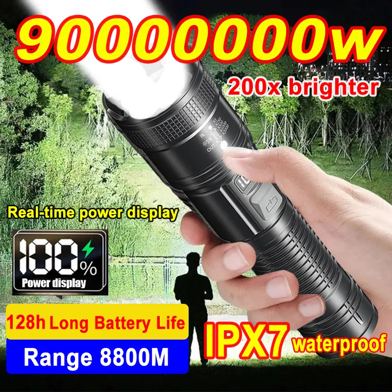 Lampu Suluh USB, 100x lebih terang daripada lampu kereta, Sangat terang, Boleh dicas semula, Kalis air, LED, Paling terang, Lampu suluh jauh Lighting Portable
