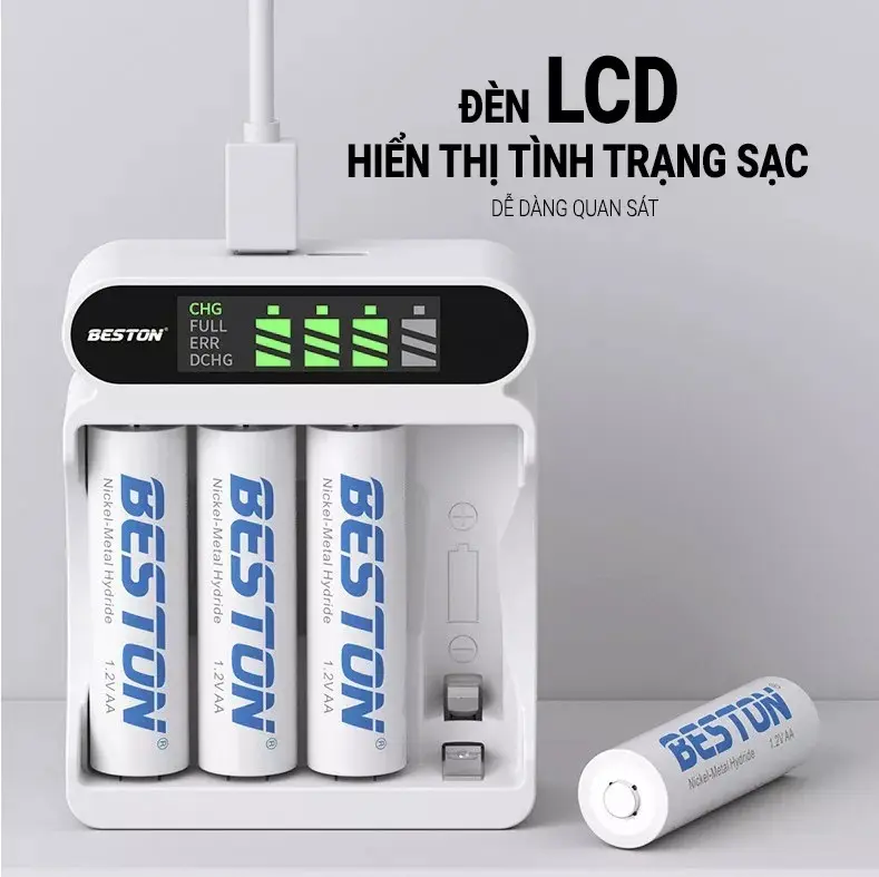 Bộ 4 pin AA 3300 mAh kèm Sạc Beston C9023L dùng cho micro, đồng hồ Sạc nhanh tự ngắt Màn hình LCD Sạc Điện Thoại 8