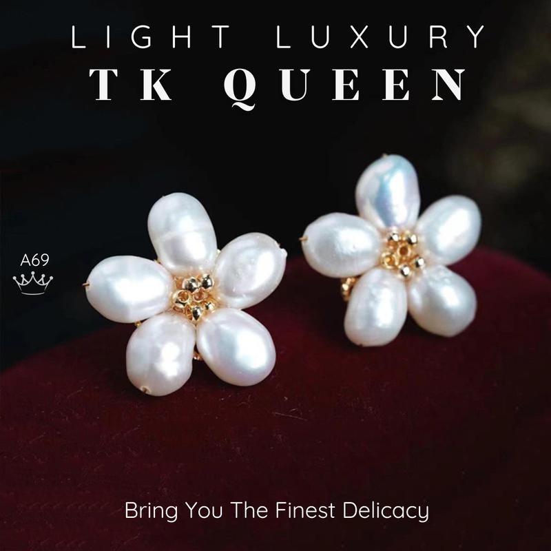 【A69 Bông tai ngọc trai nước ngọt thật Trang sức phụ kiện nữ thiết kế hình hoa phong cách Light luxury - TK QUEEN Accessories