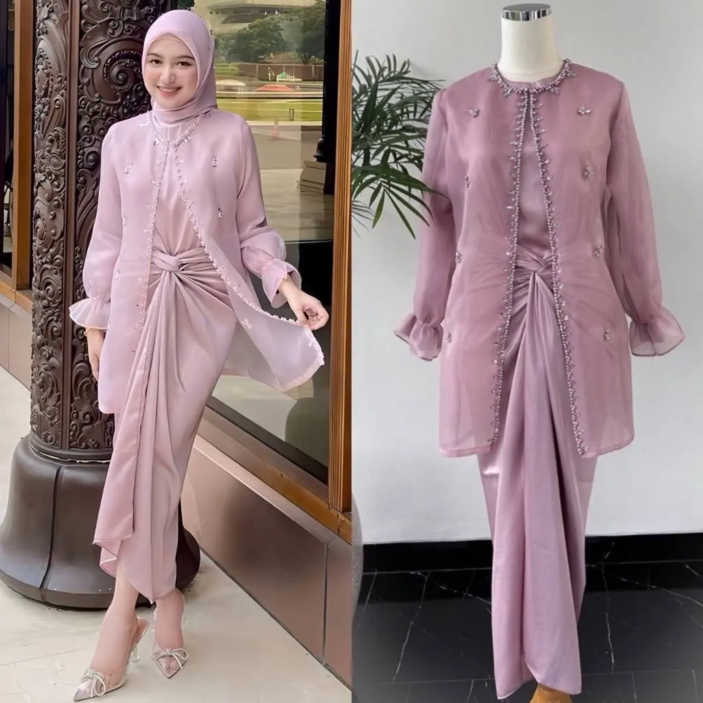 Jeema One Set Setelan Inner Outer Dan Rok Lilit Queenbee Fashion  Baju Gamis Muslim Kebaya Wanita Pesta Kondangan Bridesmaid Wisuda Organza Payet Mutiara Mewah