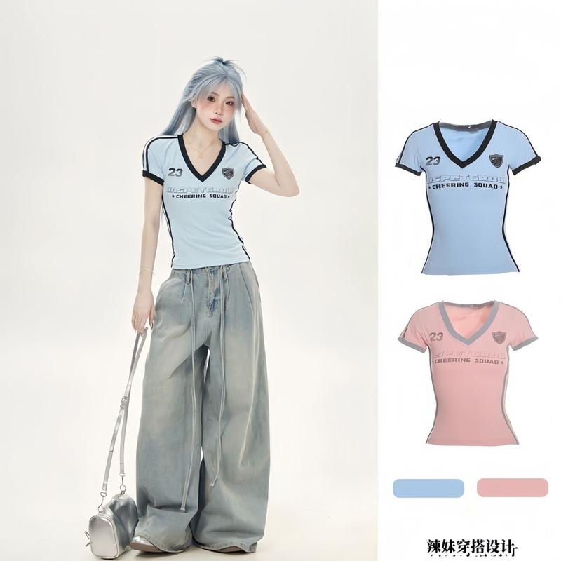Áo Thun Vai, Phong Cách Cổ Điển Mỹ, Màu Tương Phản, Ngắn Tay, Sọc Chắp Vá, Bó Sát, Cô Gái Nóng Bỏng, Mỏng Vừa Vặn, Áo Ins, Dành Cho Nữ, Thích Hợp Cho Mùa Hè, 2024 1