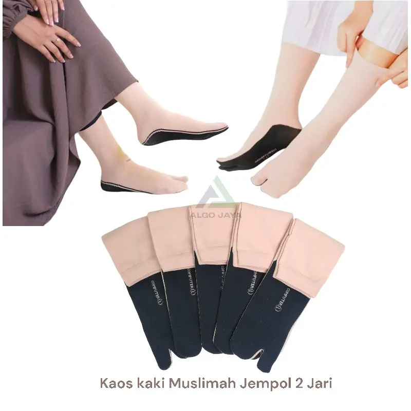 Coziec, Paket 6 & 12 Pasang, Kaos kaki Wanita Muslimah Jempol Dua Jari Polos Tealapak Hitam Panjang Dan Pendek Bahan Cotton Nylon