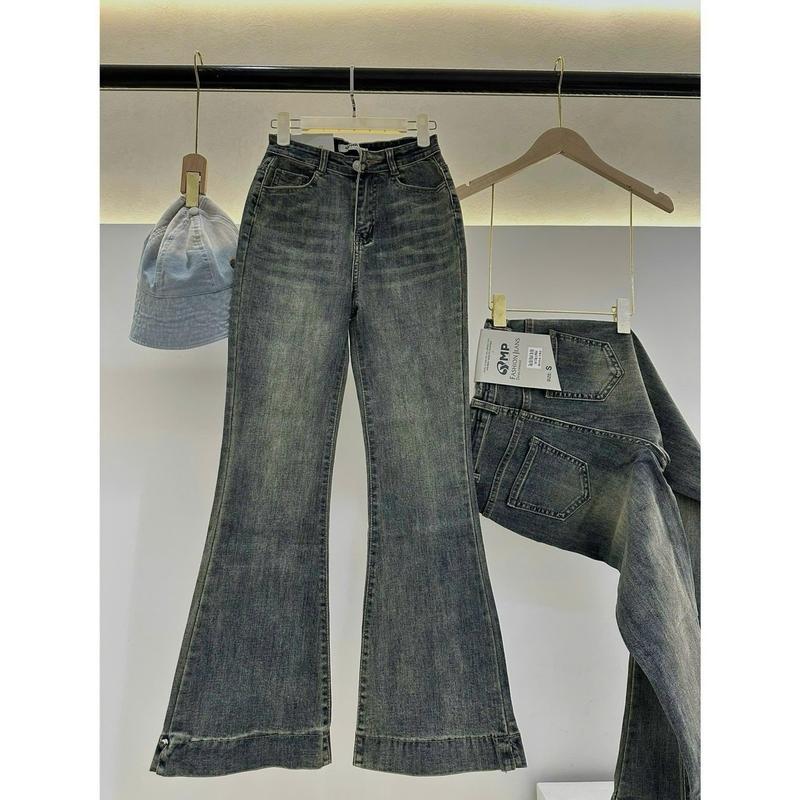 (Size 58kg-94kg) Quần Jeans Nữ Ống Loe Màu Xanh dơ bụi, Cạp Cao Trên Rốn, Co Giãn Mạnh Women Pants Ong