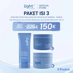 Light+ Paket 3 pcs Low pH Nano Niacinamide Hyaluronic Gentle Face Wash, Hydrashot Intensive & Glowshot Day Moist, Bright Pelembab Facial Night Cream BPOM Sabun Cuci Muka Normal Kering Lightening Light Plus Light+ Lite Liteplus Lite+ Skincare