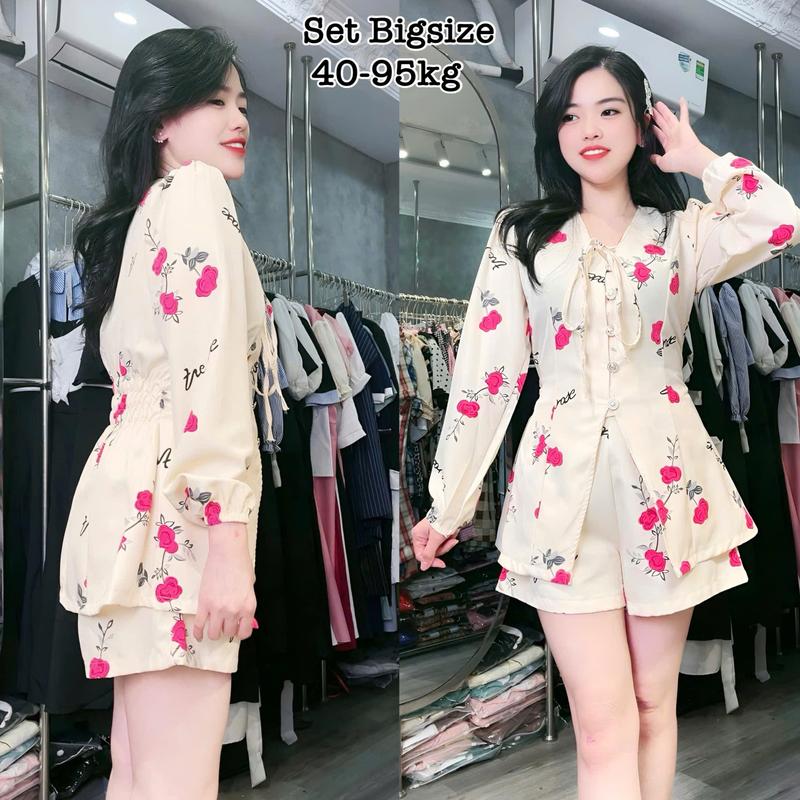 Thời Trang Bigsize Nữ - Set Áo Tay Dài Cột Dây Và Quần Bigsize có Bo Chun Thiết Kế Họa Tiết Hoa Hồng Thích Hợp Đi Dự Tiệc Đi Chơi Cao Cấp Xinh Đẹp Sang Trọng Dễ Thương Giá Rẻ đủ size 40-95kg Én Nhỏ Có Bigsize Top Cotton Setbigsize Đen Set đồ nữ đẹp Nhung