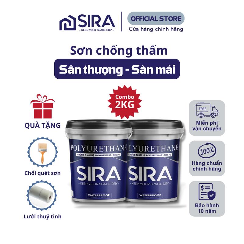   Combo 2KG  Sơn chống thấm SIRA - Gốc PU chống thấm sàn mái tường đứng Tặng kèm 3m lưới khổ 20cm và chổi quét 