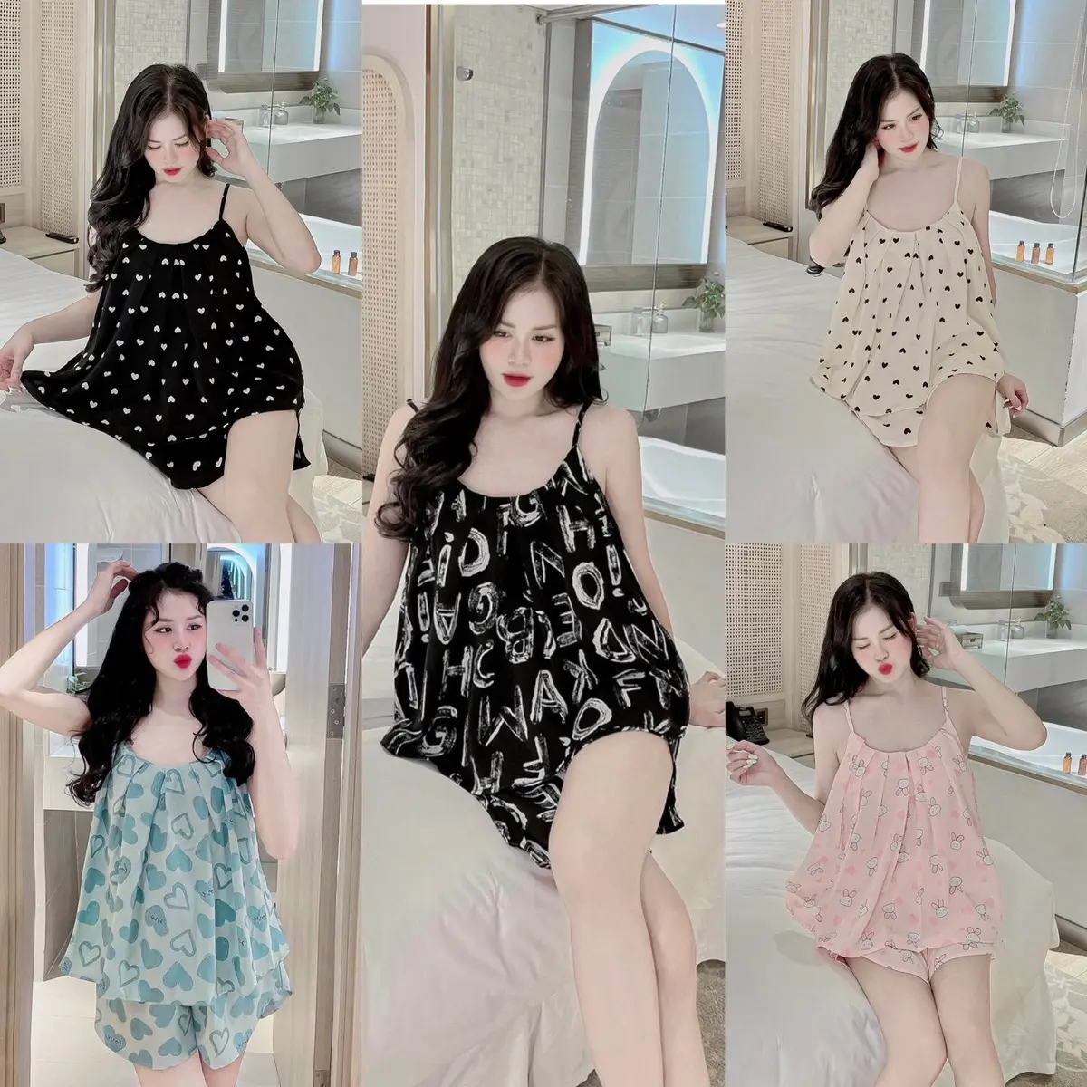 Set Bộ Hai Dây Mẫu Mới Vải Lụa Mango hình tim kem, hình gấu, hình cute , Hình Ae đen, nhiều mẫu phom 40-61kg Lụa Có hoa bộ ngủ Kẻ sọc Quần Ngủ