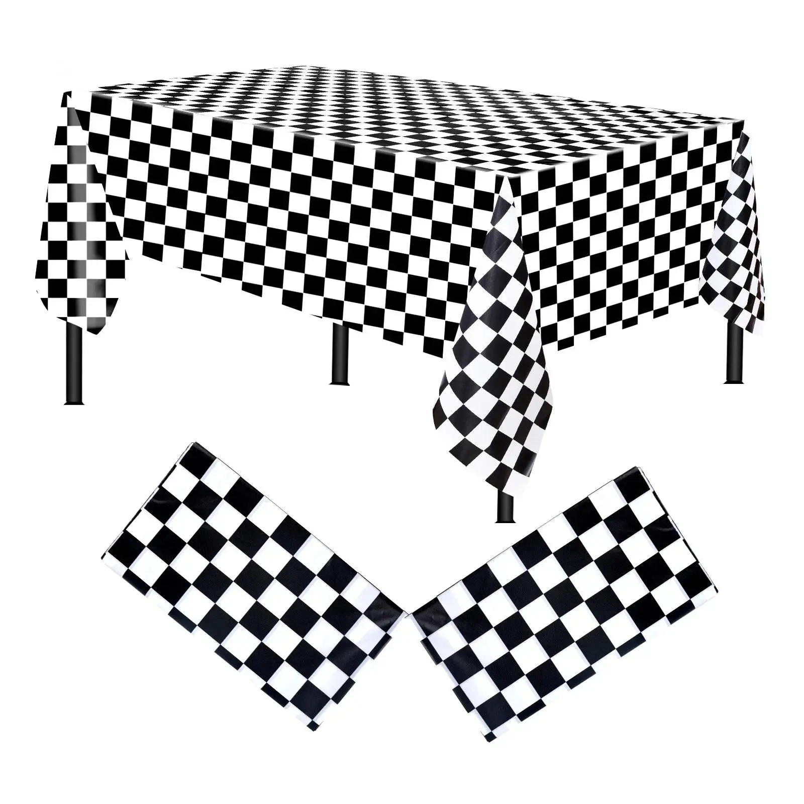 Alas Meja Papan dam, 137x274cm, Hitam dan Putih, Reka Bentuk Catur Abstrak, Papan Catur, Boleh guna, Alas Meja Segi Empat, Tikar Berkelah