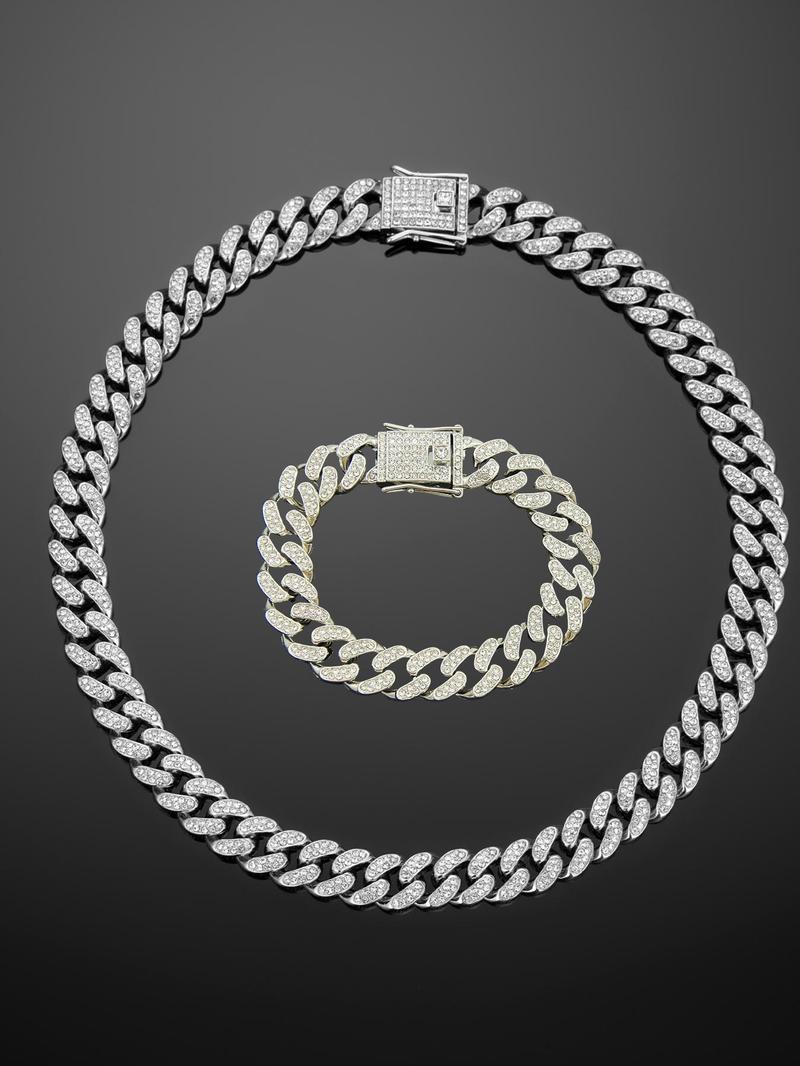 Product Introduction of Rhinestone Decorated Cuban Chain Necklace & Bracelet, Fashion Jewelry for Party, Daily Clothing Decor, Trendy All-match & Exquisite Jewelry for Birthday Gift 5