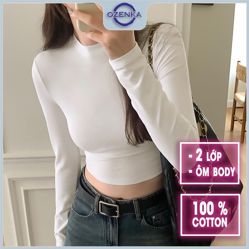 Áo giữ nhiệt nữ 2 lớp cotton croptop cổ tròn tay dài OZENKA , áo crt cổ tròn ôm body basic đen trắng đễ phối đồ Thun Denim Jean Sơ Mi Women