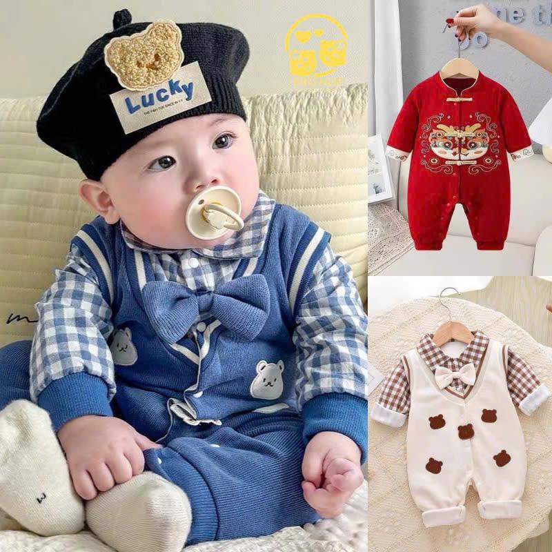Body công tử cho bé trai Hình Gấu dễ thương, Body dài tay cho bé trai gái lót lông ấm áp, Bodysuit cho bé từ 0-12M