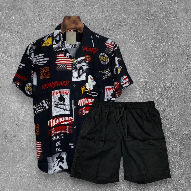 Setelan Baju Kemeja Vintage Dan Boardshort atasan celana Hitam Katun Pendek  Pria  Motif  Keren  Casual  Oversize Panjang Santai Polos 7