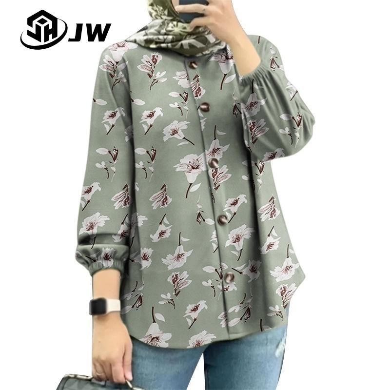Product Introduction of Women's elegant and casual Muslim fashion long sleeved round neck button printed shirt, comfortable for daily work, breathable fabric long sleeved shirt 26