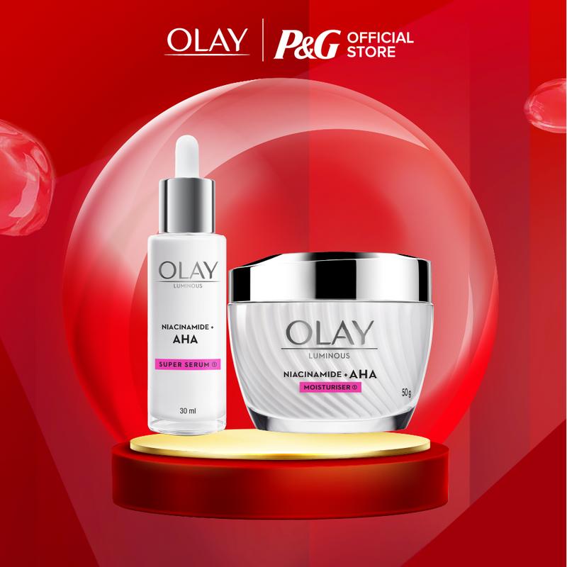 Combo 2: Kem Dưỡng Ẩm + Super Serum Sáng Da, Mờ Thâm Mụn OLAY LUMINOUS NIACINAMIDE AHA (50G + 30ML)